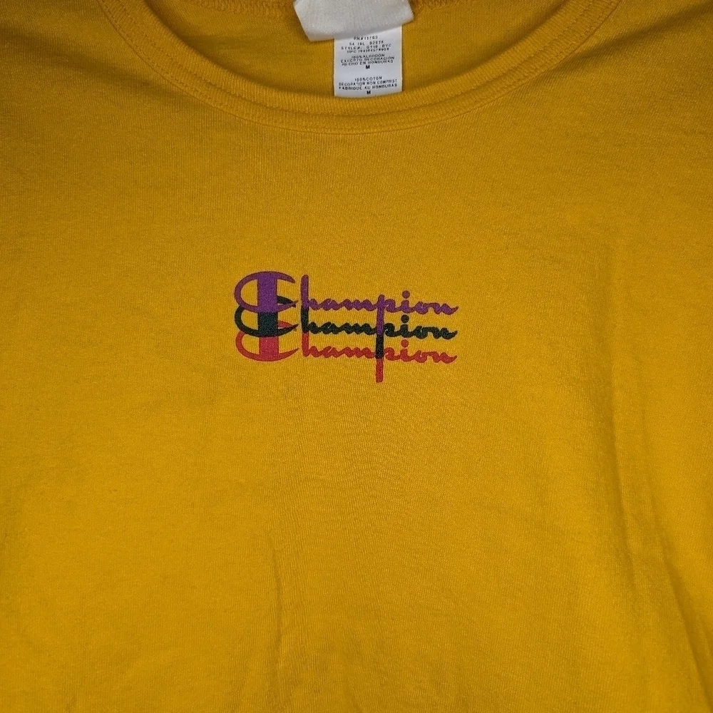 Champion Shirt Mens Medium Yellow Spellout Script Logo Gym Cotton Casual - Picture 3 of 6